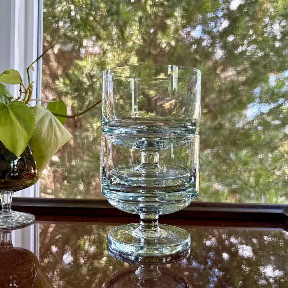 Vintage Footed Stub Glasses Heavy Base Clear MCM Set of 2